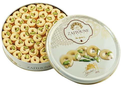 Zaitoune Ghraybeh Cookies - 500 g | Luxury Traditional Middle Eastern Pistachio Shortbreads Handcrafted in Turkey | Beautiful Reusable Gift Tin | Perfect for Dessert | Great Ramadan Sharing Present