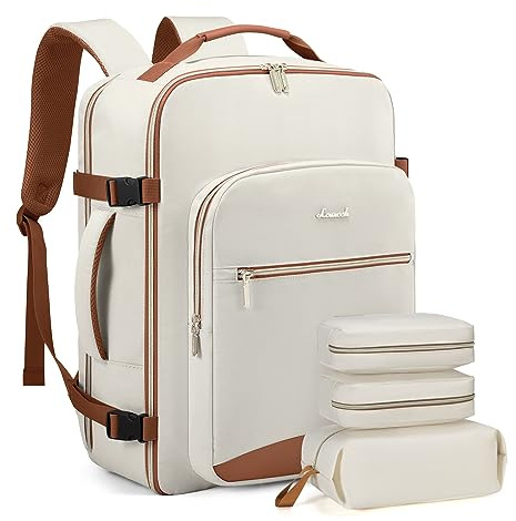 LOVEVOOK Handgepäck Rucksack, 45L Groß Reiserucksack Damen Flugzeug Koffer | Travel Backpack, Wasserdicht Reisetasche mit 18 Zoll Laptopfach für Reise Business Geschäftsreise Weekend Wandern Beige