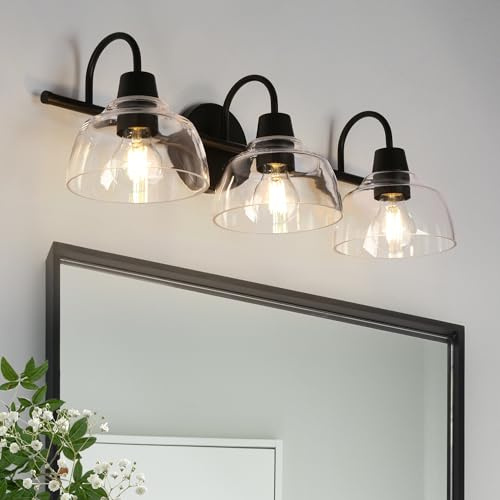 KSANA Black Bathroom Light Fixture, 3-Light Vanity Light with Large Opening Clear Glass Shade, Modern Farmhouse Wall Lamp Over Mirror