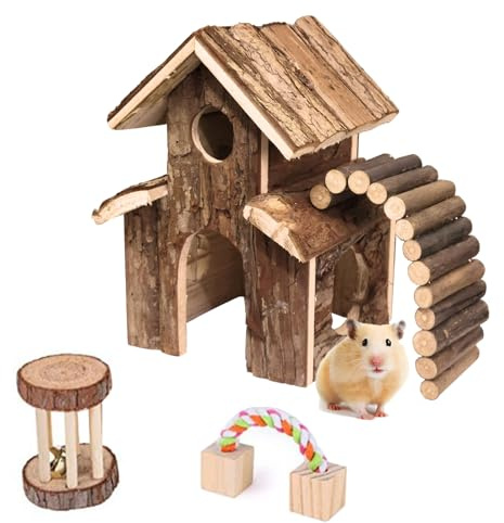 Young Wolf Petit Animal Play Maison de Villa en Bois Aire de Jeux cachée avec échelle et Rouleau pour Chinchilla, cobaye, Gerbille, Rat Nain, hérisson Set (Model B)