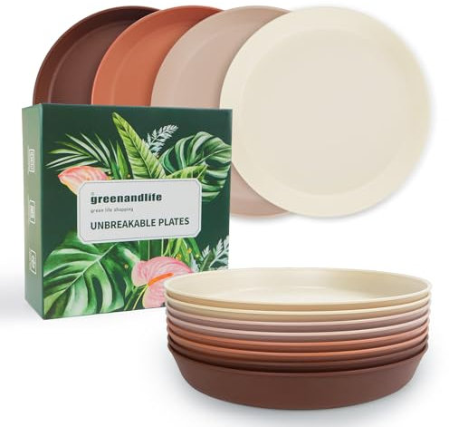 greenandlife 8 Pcs Dinner Plates, 9 inch Reusable Plastic Plates, Dishwasher & Microwave Safe PP Plates, Lightweight & Unbreakable, BPA Free