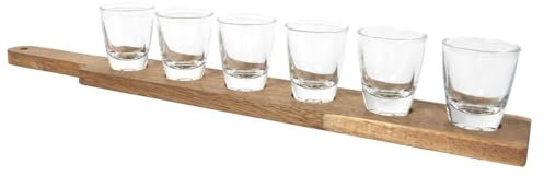 COOK CONCEPT - KA0391 Set de Shooters en Verre Transparent avec Planche en Acacia - 3 cl - Transparent, Or - Accessoire de Soirée Pratique et Élégant - Facile à Nettoyer