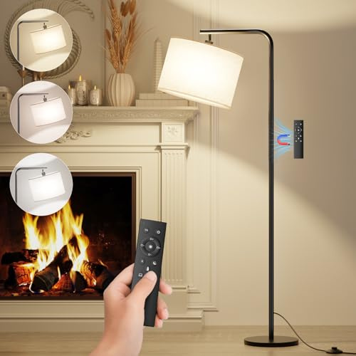 Yeeklab Floor Lamps for Living Room with Remote Control, Dimmable Modern Reading Standing Lamp with Timer, Black Standard Lamps with LED Bulb for Bedroom Office