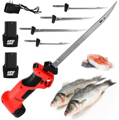 YHUEGH Cuchillo de Filete de Pescado inalámbrico, Cuchillo de trinchar eléctrico con 2 baterías, 4 Cuchillas de Acero Inoxidable dentadas alternativas, Bloqueo Seguro, Cuchillo de Filete Recargable