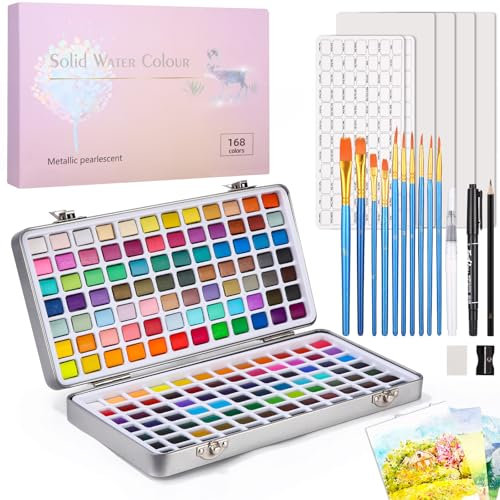 Azyvum Aquarellfarben Set 168 Farben in Tragbarer Box, Mit Pinsel und Aquarellpapier, Aquarell für Reisen, Wasserfarben für Künstler, Hobbymaler und Malerei-Liebhaber