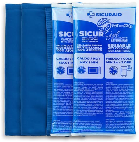 Sicuraid Ghiaccio Gel Riutilizzabile Made in Italy | Impacco Caldo Freddo per Dolori Muscolari e Gonfiori | Borsa Ghiaccio Corpo con Sacca Protettiva (2 Pezzi Grandi +2 Sacche)