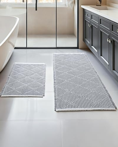 Furicher Waffle Bath Mat Set, Non Slip Bathroom Rugs Sets 2 Piece, Ultra Absorbent Long Bath Rug Runner for Bathroom Decor, Machine Washable Boho Mats, Grey & White, 20×47 Plus 18×30