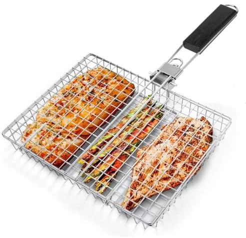 Stainless Steel BBQ Basket for Grill – Lockable Non-Stick Grilling Basket for Fish, Steak, Shrimp & Veg – Foldable Handle, Rustproof & Dishwasher Safe – Outdoor Barbecue Accessory Gift
