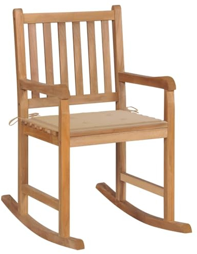 HaoChrymec Mecedora de Teca Maciza con Cojín, Silla Mecedor para Interior y Exterior, Sillón Balancín Resistente a la Intemperie, para Jardín, Terraza o Salón, Color Beige, 58x92.5x106 cm