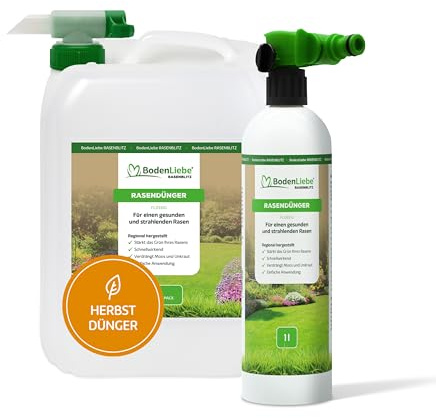 RASENBLITZ Rasendünger Herbst flüssig 5 L – flüssiger Rasendünger zur Vorbereitung vor dem Winter – ideal zur Ergänzung zu Rasensamen – inkl. Sprühflasche – Anwendung direkt am Gartenschlauch