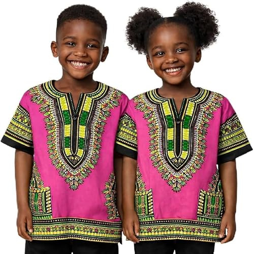 Adalex Global Dashiki African Kids Shirt Traditional Design, Authentic Clothes for Children Ethnic Patterns and African Print Boy Girl (UK, Age, 6 Years, 8 Years, Regular, Pink Green)