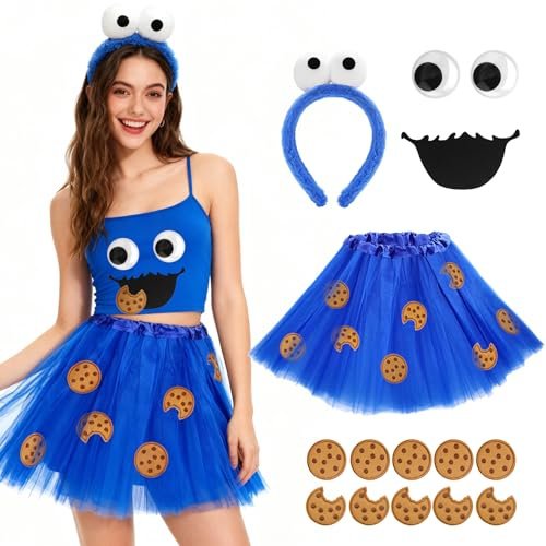 ELNLE Krümelmonster Kostüm damen, Krümelmonster Accessoires Cookie Haarreif, Blauem Tüllrock, Keks Kostüm Cookie Aufkleber für Karneval Fasching Mottoparty