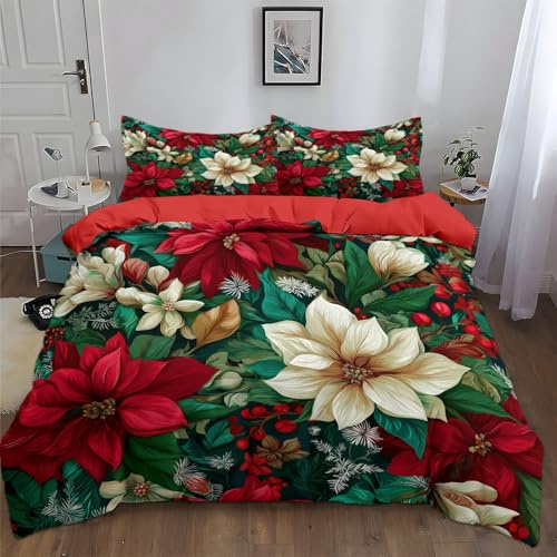 Bettwäsche 135 x 200 cm 2-teilig Bettdeckenbezug - Rot Retro Pflanze Blatt Floral Bettwäsche Set mit 1 Kissenbezug, Bügelfrei Weich Mikrofaser Bettbezug für Schlafzimmer Erwachsene, mit Reißverschluss
