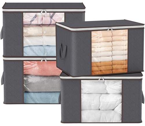 Lifewit Cajas Almacenaje Ropa, Bolsa almacenamiento ropa, Organizador Armario Plegable, Cajas Mudanza, Bolsas con Asa Reforzada para Guardar Ropa, Mantas, Edredones, Gris, 90L, 4 Piezas