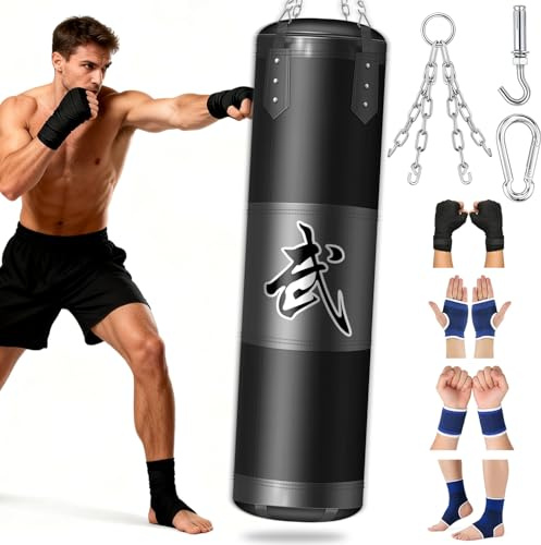 ASBRAVO Sacco da Boxe per Adulti, Adolescenti e Bambini, 120 cm Tessuto Oxford, con Gancio a Soffitto, Catena, Bende, Parapolsi per MMA, Karate, Kickboxing, Boxe Home-Gym (Non Imbottito)