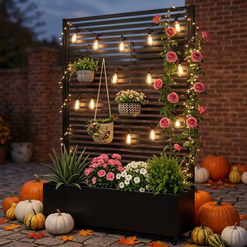 Hochbeet aus Metall mit Rad, Pflanzkasten aus Metall für den Außenbereich mit Spalier, freistehender Pflanzkasten mit Sichtschutz für den Außenbereich für Garten, Terrasse, Balkon