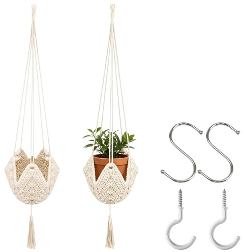 MINGBOLIN 2 Colgadores de Plantas de Macramé en Algodón 95 cm | Colgadores blancos de algodón estilo boho para macetas decoración colgante para salón balcón ventana o zona exterior