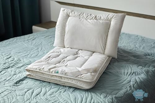 Merino Wool - Merino Woll Kindersteppbett-Set Basic, Standard 100 by Oeko-TEX, Baby Babybetten Set, medium Ganzjahresbettdecke Bettdecke und Flachkissen Kopfkissen (140 x 100 cm + Kissen 40/60cm)