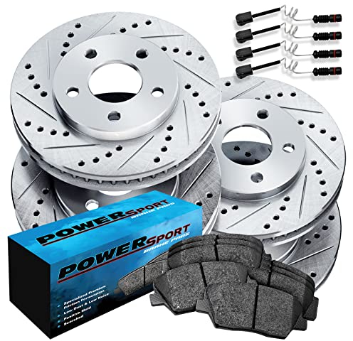 Für 2001–2015 Mercedes-Benz C240, C230, SLK200 PowerSport vorne hinten silberfarbenes Zink Kreuz gebohrte Schlitzbremsrotoren Kit + Keramikbremsbeläge