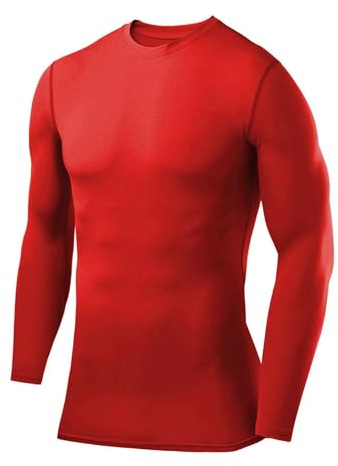 PowerLayer T-Shirt de Compression Manches Longues pour Football/Running - Tee-Shirt de Sport Col Rond pour Homme - Rouge (Ancien), XL