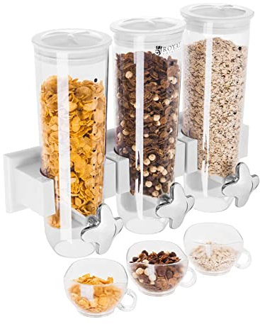 Royal Catering Cereal Dispenser Dry Food Container Triple RCCS-4.5L/3W (Capacity of 4.5 L, Transparent polystyrene, Wall mounted, Simple portioning) White