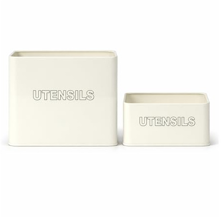 Simpa Vintage Classic Retro Metal Utensil Storage Tins – 2PC Cream Enamel Kitchen Utility Organiser Set