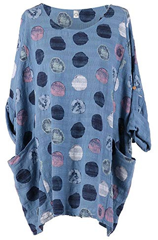 Storm Island Italian Ladies Brick Print Front Pockets Top Womens Lagenlook Cotton Oversized Top