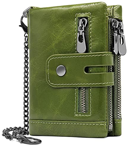 REETEE Damen Geldbörse klein Geldbeutel Damen Leder Reißverschluss Geldbörsen RFID Schutz Damengeldbörse mit Kette,Doppelte Falte Damen Portemonnaie 16 Kartenfächer Mädchen Brieftasche (Grün)