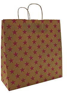 Papiertaschen Papiertüten braun mit Kordel - Sterne PINK - Verschiedene Größen und Mengen (10 Stück, 35 + 14 x 35 cm)