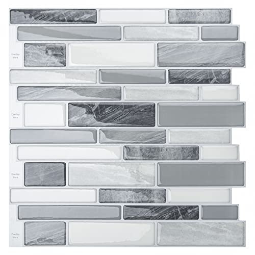 LONGKING Wall Stickers Self-Adhesive Kitchen Backsplash, Marble Look Decorative Tiles 10 Pack (Grey)