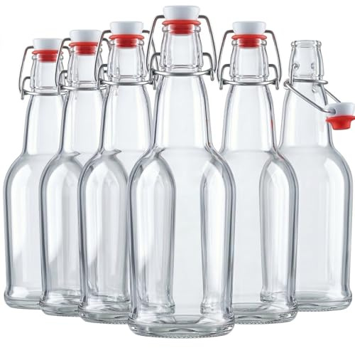 Swing Top Glass Bottles with Airtight Lids, Flip Top, for Carbonated Drinks, Kombucha Bottles, 2nd Fermentation, Water - 16 Ounces - 6 Pack