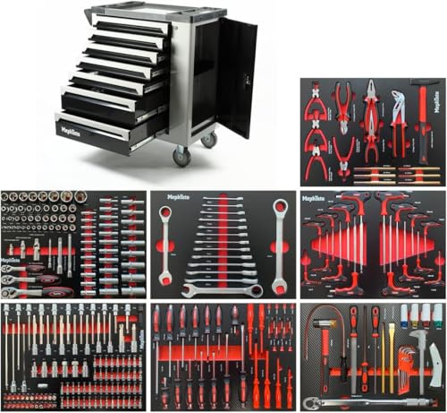 Mephisto Vagone Attrezzi portautensili XXL Carrello da officina con 7 cassetti, 7 dei quali sono riempiti con utensili con intarsi morbidi in look carbonio