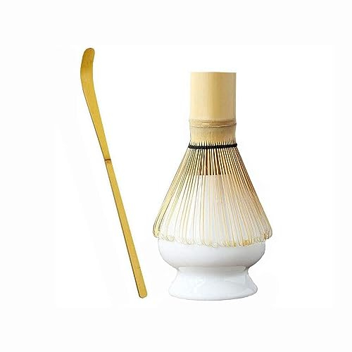 Herramienta para Hacer Matcha, Juego de 3, Batidor de Bambú, Soporte para Batidor de Cerámica y Cuchara Batidor te Matcha para la Ceremonia del té Tradicional (Color Aleatorio)