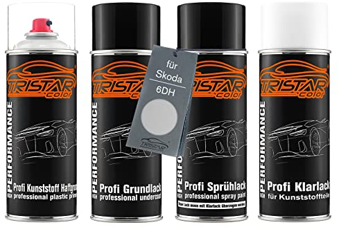 TRISTARcolor Ensemble de bombes de peinture Peinture voiture pour plastique pour Skoda 6DH Dark Chrome Metallic apprêt adhérent, peinture de base, vernis transparent avec assouplissant