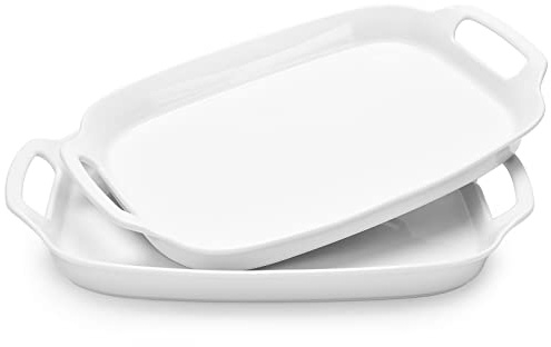 DOWAN Serving Tray with Handles, 15.4 Large Platters for Wedding Decor, Porcelain Serving Dish for Entertaining, White Plates for Salad Meat Fruit Dessert, Set of 2