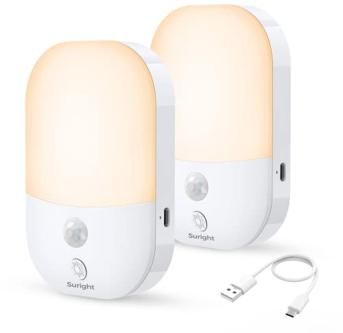 Suright LED Night Light, 2 Pack Type-C Rechargeable Motion Sensor Light, 3 Modes (AUTO/Off/ON) and 5 Levels Dimmable Brightness, 2800K Warm White Cupboard Lights for Wardrobe, Stair, Hallway, Bedroom