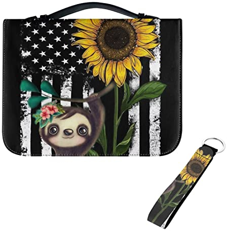 COEQINE Pferd Sonnenblume Bibelhülle Leder Set, 2 Stück Schlüsselanhänger Amerikanische Flagge Druck Buch Bibelhülle mit Griffen für Frauen Größe 2XL