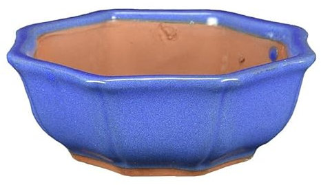 Blau glasierte achteckige Bonsaischale aus Steingut 9x9x5 cm - G235d