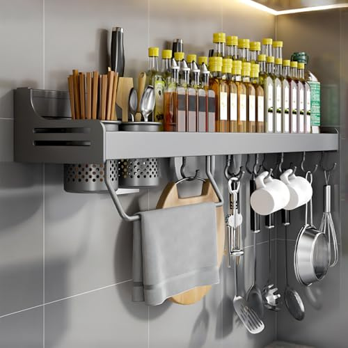 Hovoto Wall Mounted Spice Rack, Hanging Storage Shelves, Kitchen Wall Shelf, Utensil Rack Organiser for Spice Jars and Seasoning Bottles, Gray, 40cm