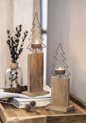 Dekoleidenschaft 2X Teelichtsäule Tanne aus recyceltem Holz & Metall in Rost Optik, 28 + 36 cm hoch, Teelichthalter, Winterdeko