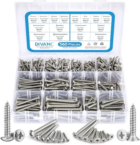 DIVANC 560Pcs 304 Stainless Steel Self Tapping Screws Assortment Set, M3/M4/M5/M6 Flat Head & Round Head Self Tapping Screws Assortment Set, Phillips Drive Wood Screw Assortment Kit (Silver)