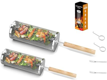 2 Stück Roll-Grillkorb, verdickte Edelstahl-Grillkörbe, Zylinderrohre, Gemüsekäfig, Gemüsegrill, Grillkorb, für Outdoor-Grill, Gemüse, Fisch, Fleisch, Lebensmittel, Camping, Grillzubehör