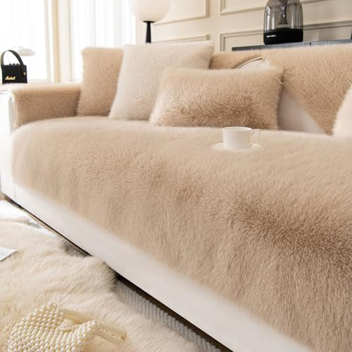 ShowyLive Samt Sofa überzug 1/2/3/4 Sitzer L Form Couch Überzug Ecksofa rutschfest Hund Katze -Antirutsch, Anti Slip Sofabezug Sofa Überwurf (Khaki, 90 * 180CM)