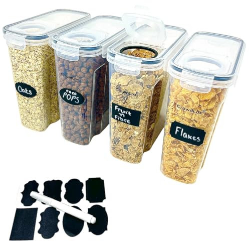 CrowdLox Cereal Storage Containers 4L Food Grade and BPA Free Tupperware Sets with Lids and Labels Kitchen Storage & Organisation Food Containers Large Kitchen Organiser for Cornflakes (Pack of 4)