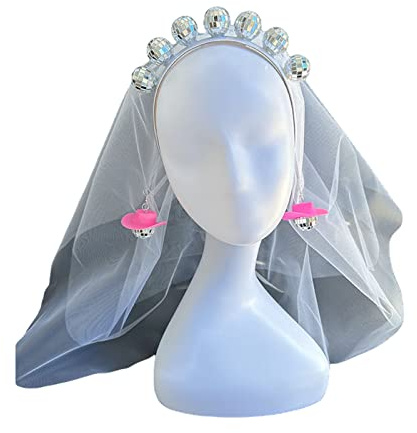 Morain Discokugel-Kopfschmuck, Stirnband mit Schleier, Cowgirl-Ohrringe, Junggesellinnenabschied, Dekorationen für Damen, Kostüm, Discokugel C, 3-4