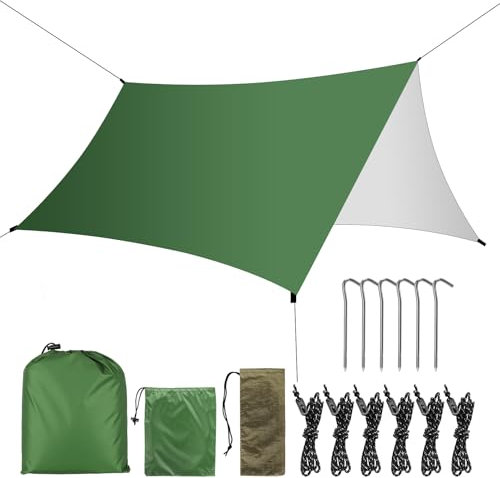 KIMIGO Camping Bâche 3x3M,Toile de Tente Imperméable Anti-UV,Camping Bâche Anti-Pluie,Tente Parasol Abri de Survie Tous Temps pour Extérieur, Bivouac, Randonnée, Trekking, Hamac, Auvent Van Fourgon