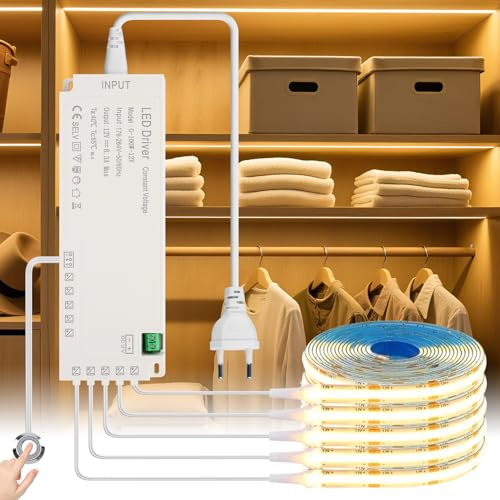 KSIBNW COB LED Streifen 1M, 6 Rollen 12V Strip 3000K Warmweiss Lichtstreifen mit Berühren Dimmer Schalten Schneidbar LED Vitrinenbeleuchtung für Weinschränke, Regal, Schränke, Küche, Vitrinen, Shelves
