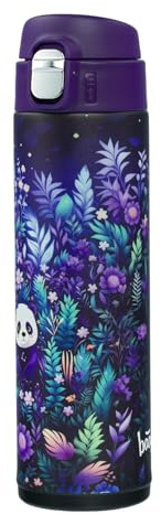 Baagl Trinkflasche Kinder Mädchen – Auslaufsichere Edelstahl Thermosflasche mit Silikon-Strohhalm & Ein-Klick-Verschluss – BPA-freie Wasserflasche für Schule, 450 ml (Jungle Panda)