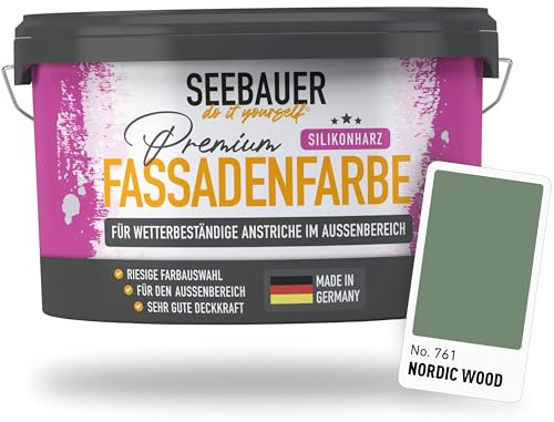 SEEBAUER diy Silikonharz-Fassadenfarbe Grün 2,5L für Außen (No. 761 Nordic Wood) Selbstreinigende Fassadenfarbe mit Lotuseffekt - Geeignet für Putz, Mauerwerk und Beton