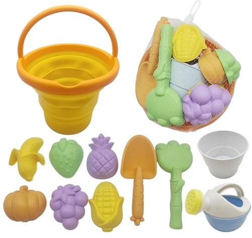 Irunfast 11 Pcs Beach Sand Toys for Kids, Bucket and Spade Castle Sand Toys for Pit Fruit Vegetables Sands Molds with Collapsible Folding Bucke Summer Outdoor Toy for Kids